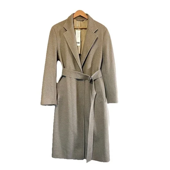Uniqlo U Chester Beige Belted Stretch Jersey Duster Long Coat Size L Minimalist - Picture 2 of 16